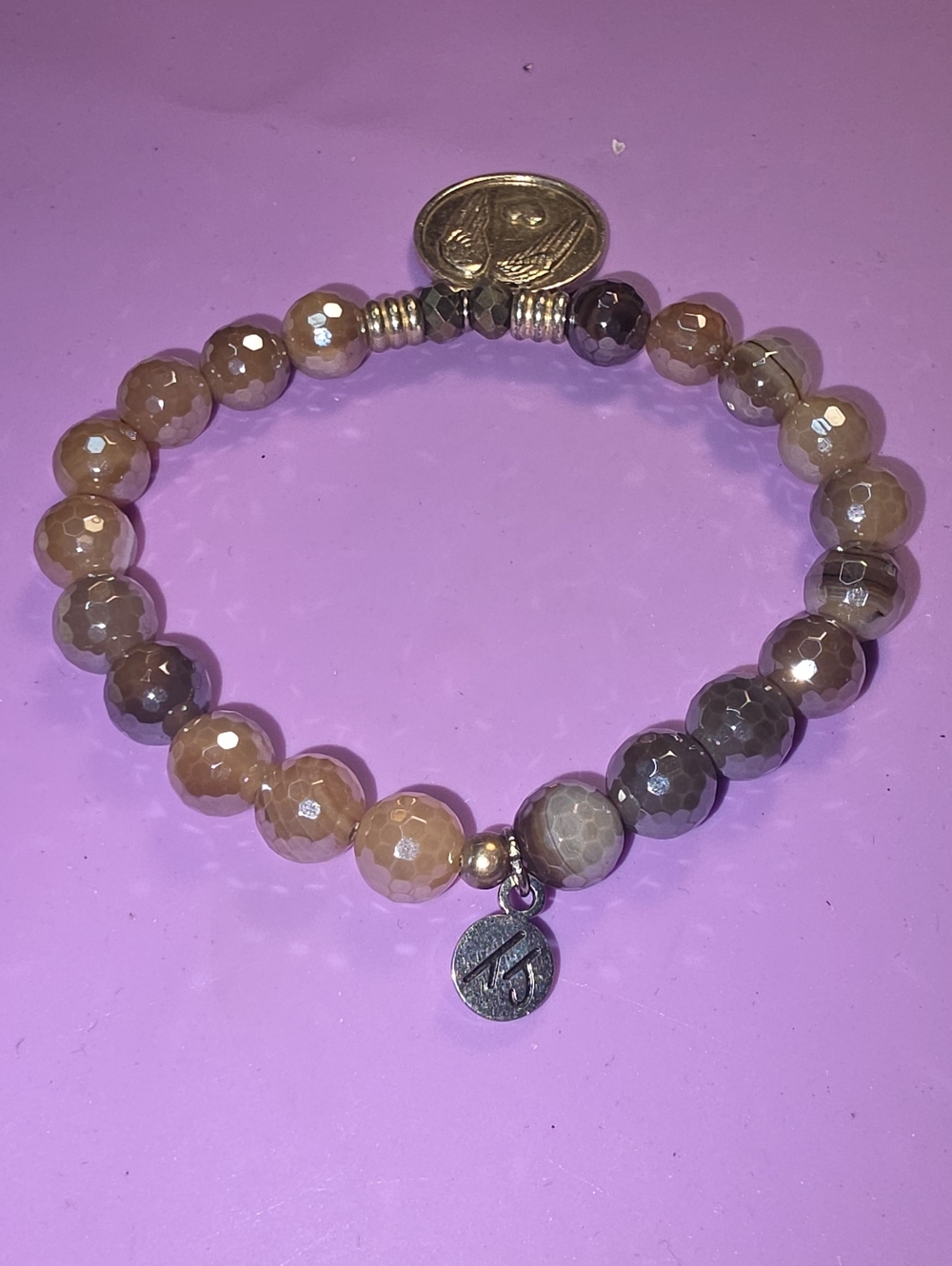 Faceted White And Grey Moonstone Stretch Bracelet with Silver-Tone Charm